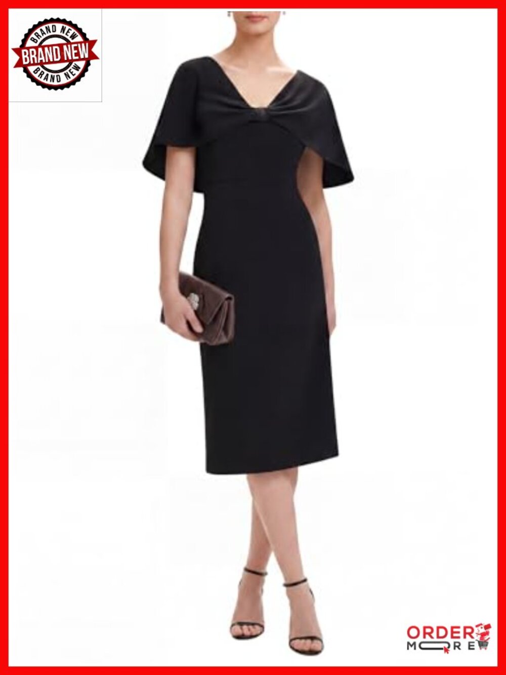V-Neck Cape Sleeve Cocktail Wedding Guest Midi Dress Stretchy Crepe Semi Formal